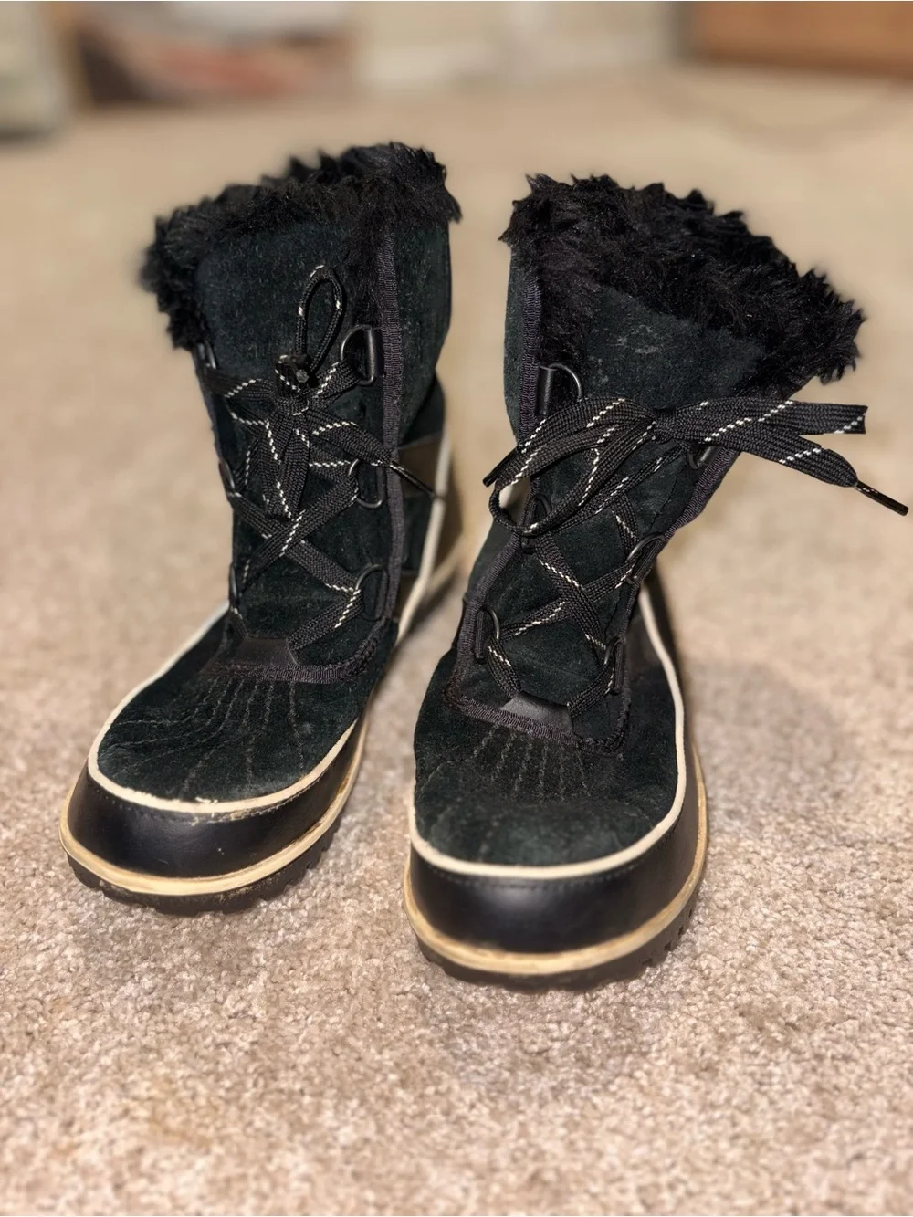 Sorel Black Faux-Fur Lace-Up Winter Boots